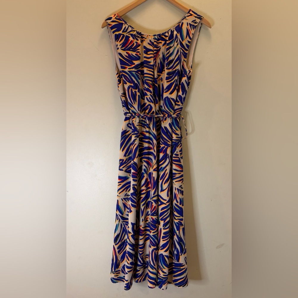 Tahari ASL Dress Women Size 10 Blue Abstract Leaf Print Fit Flare Midi Tassel